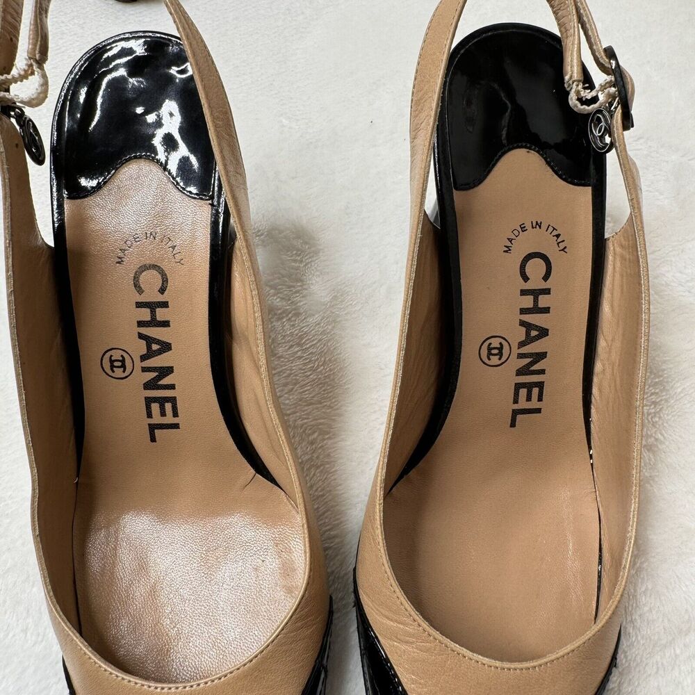 Chanel Womens Slingback Heels Mixed Media Patent Leather Quilted Beige Size 36.5 - Picture 5 of 13
